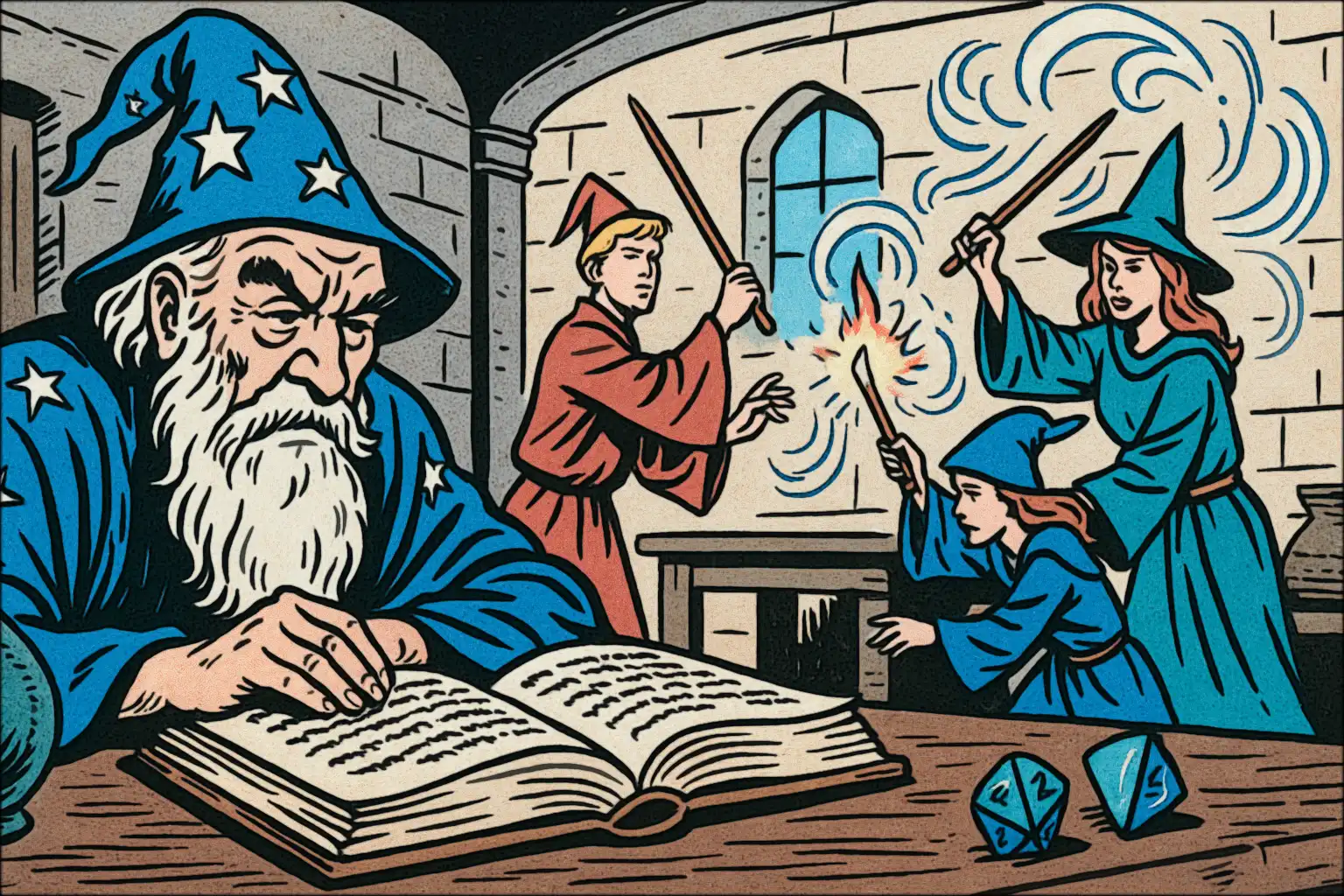 A mage studying ancient texts while apprentices practice spellcasting nearby