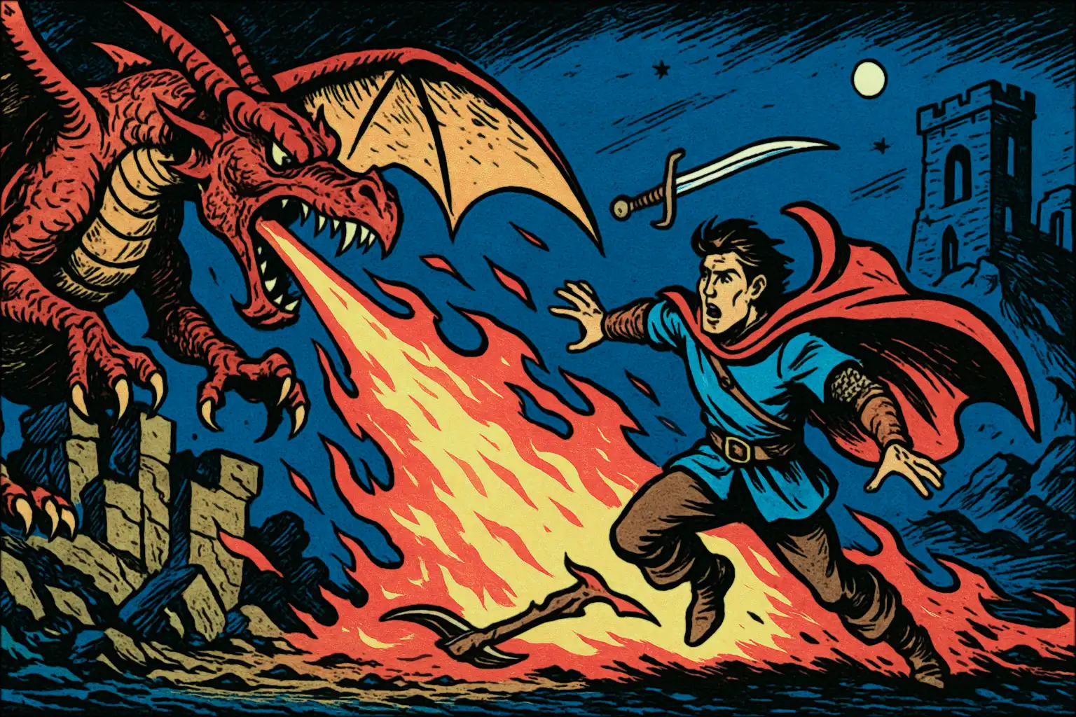 An adventurer desperately dodging a blast of dragon fire