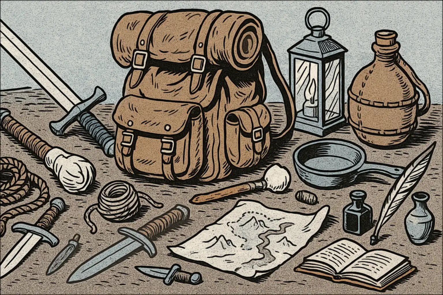 An adventurer's pack with various equipment spilling out