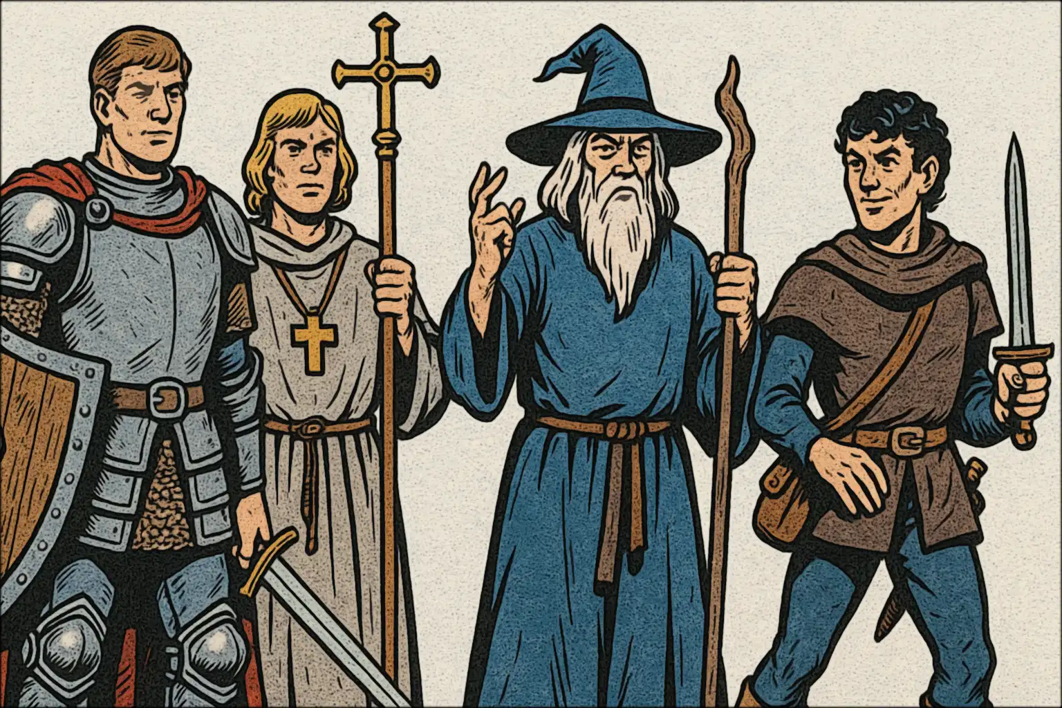 A diverse group of adventurers: Fighter, Cleric, Mage, Thief