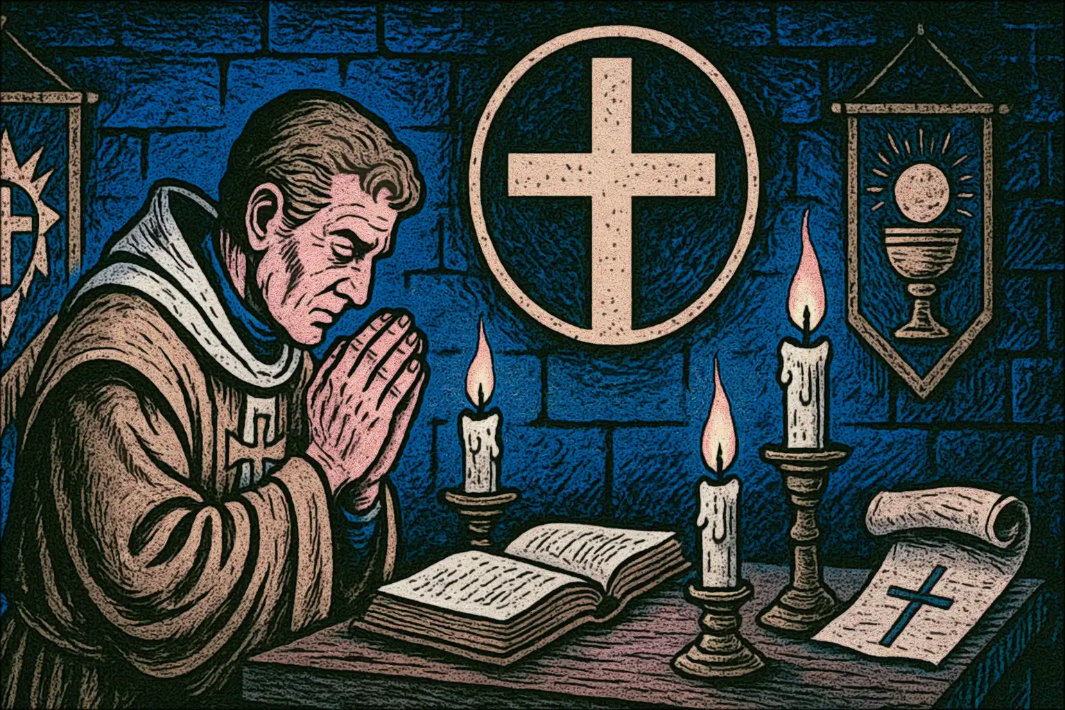 A cleric praying at a candlelit altar adorned with holy symbols