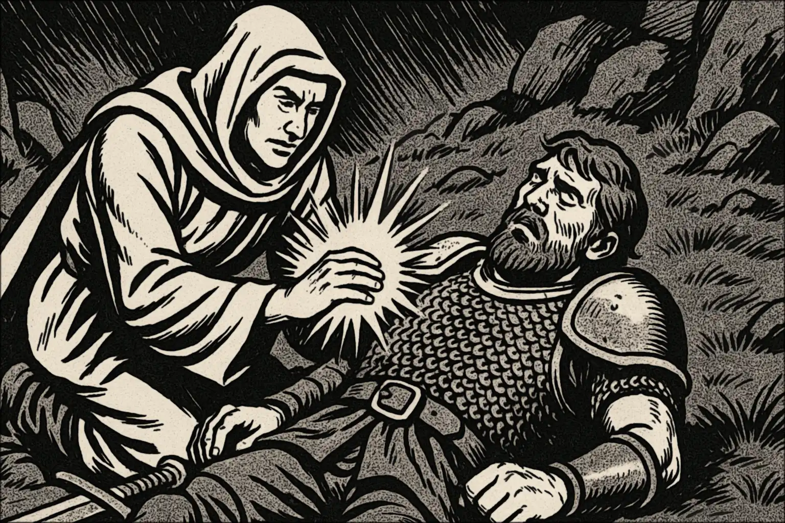 A cleric tending to a grievously wounded warrior