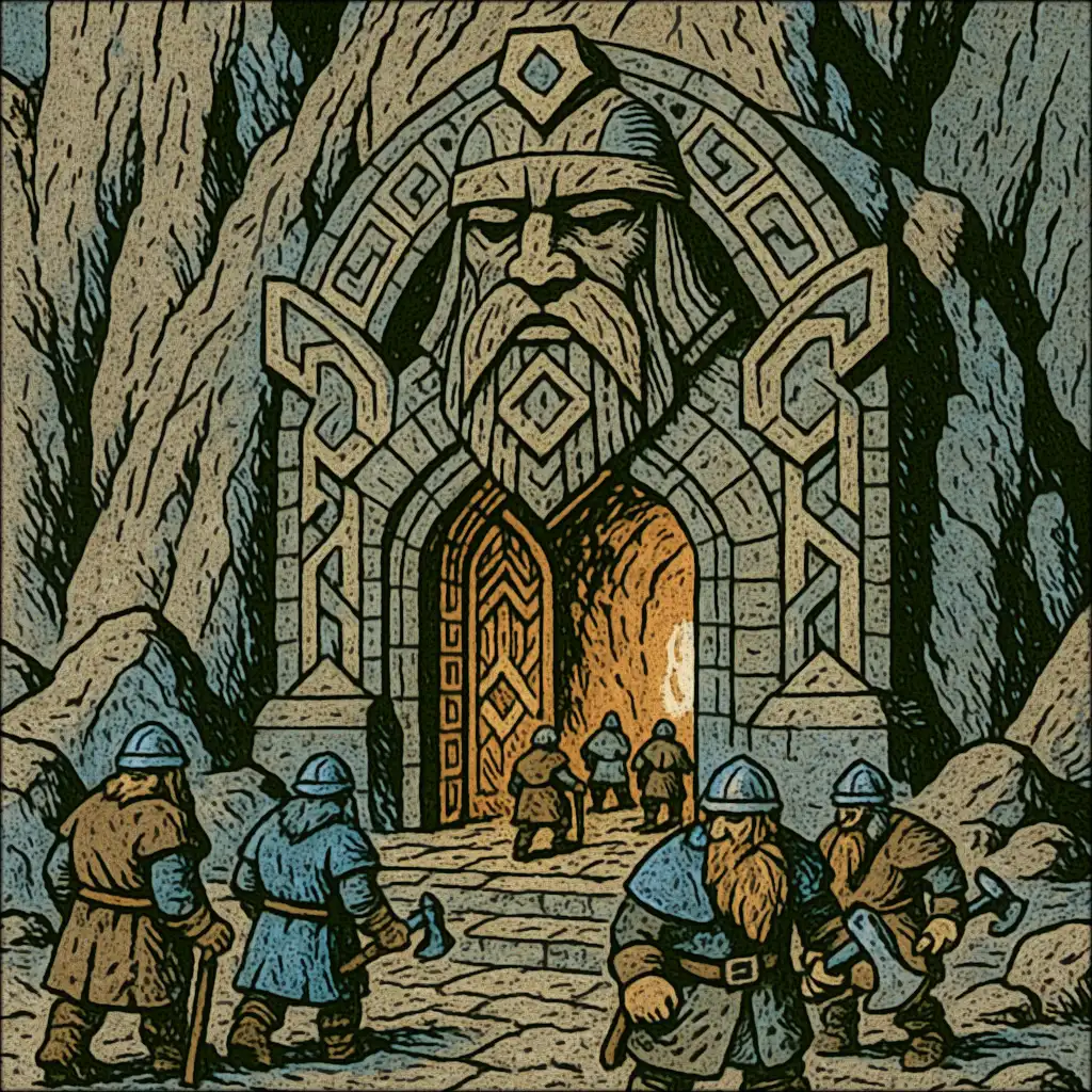 An immense, intricately carved stone gate leading into a dwarven mountain home
