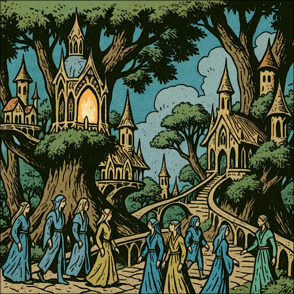 An ethereal elven city nestled in ancient trees