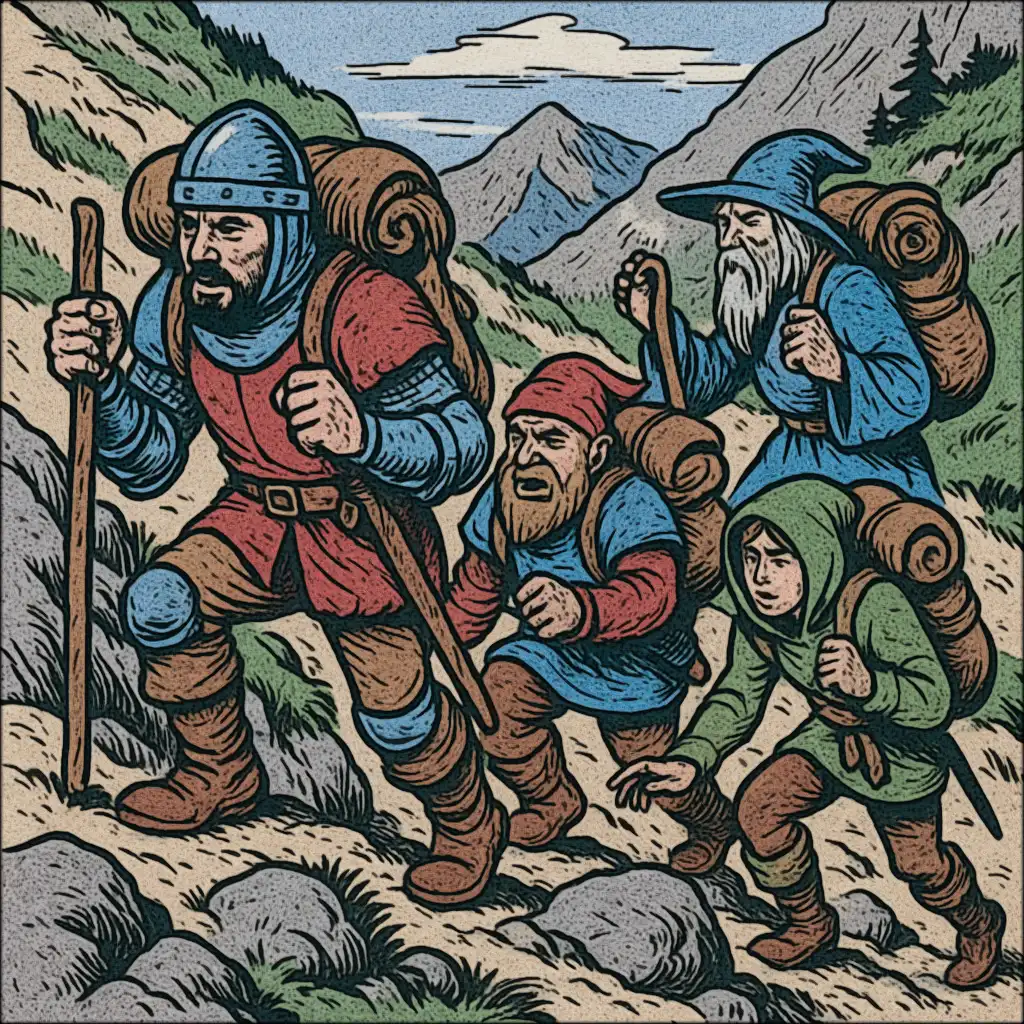 A group of heavily laden adventurers struggling up a mountain path