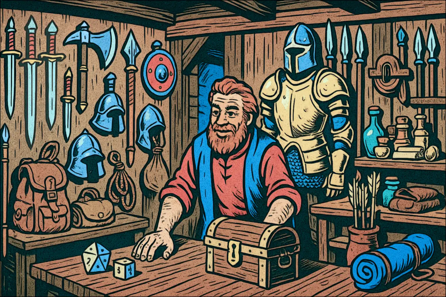 A well-stocked adventurer's outfitting shop with weapons, armor, and various gear