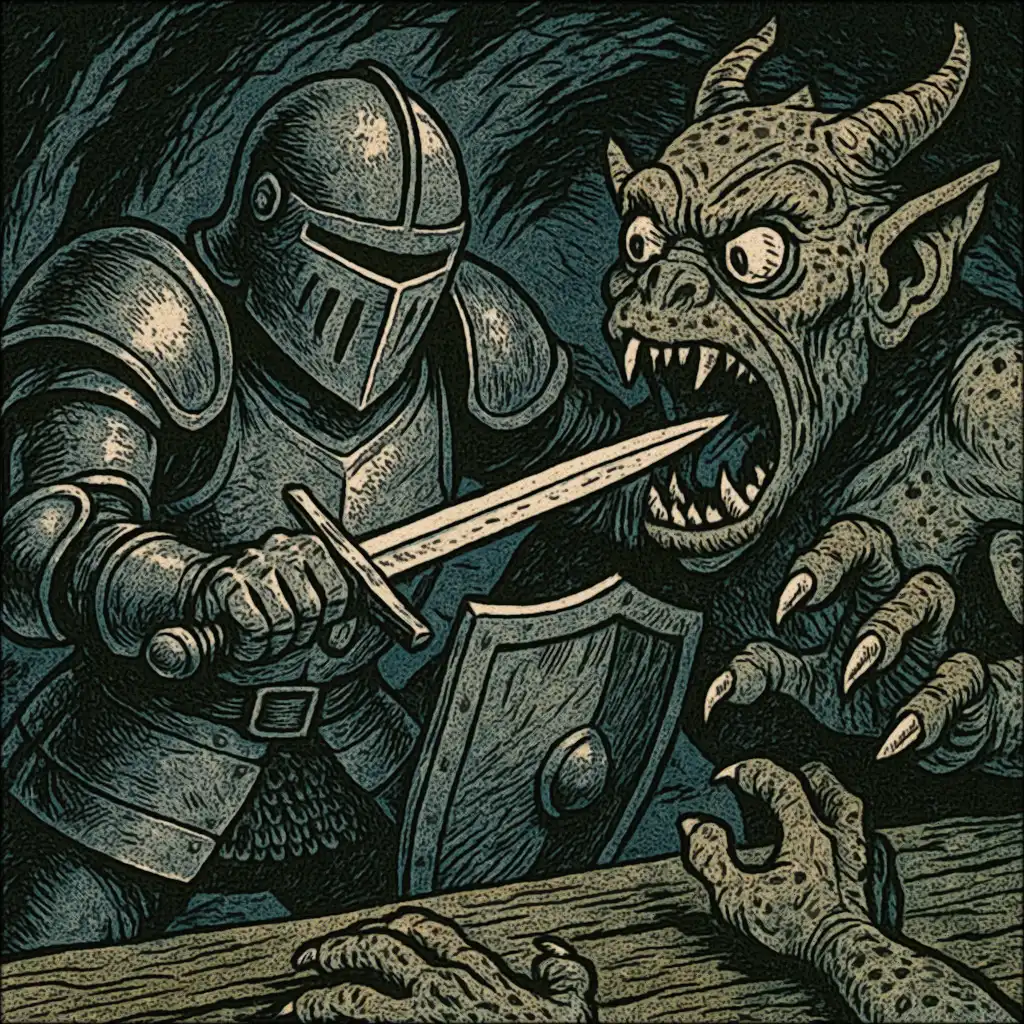 A heavily armored fighter engaging a monstrous foe