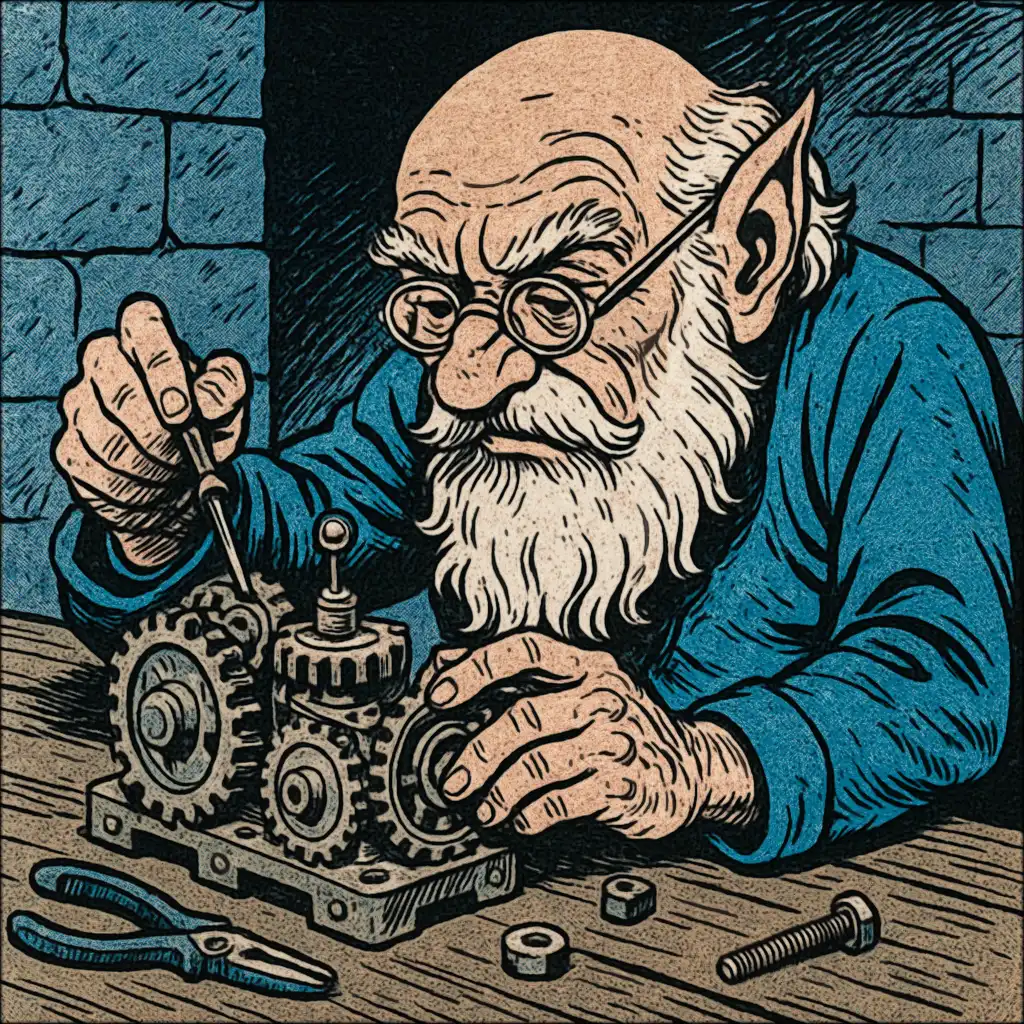 A wizened gnome meticulously working on a complex mechanical device