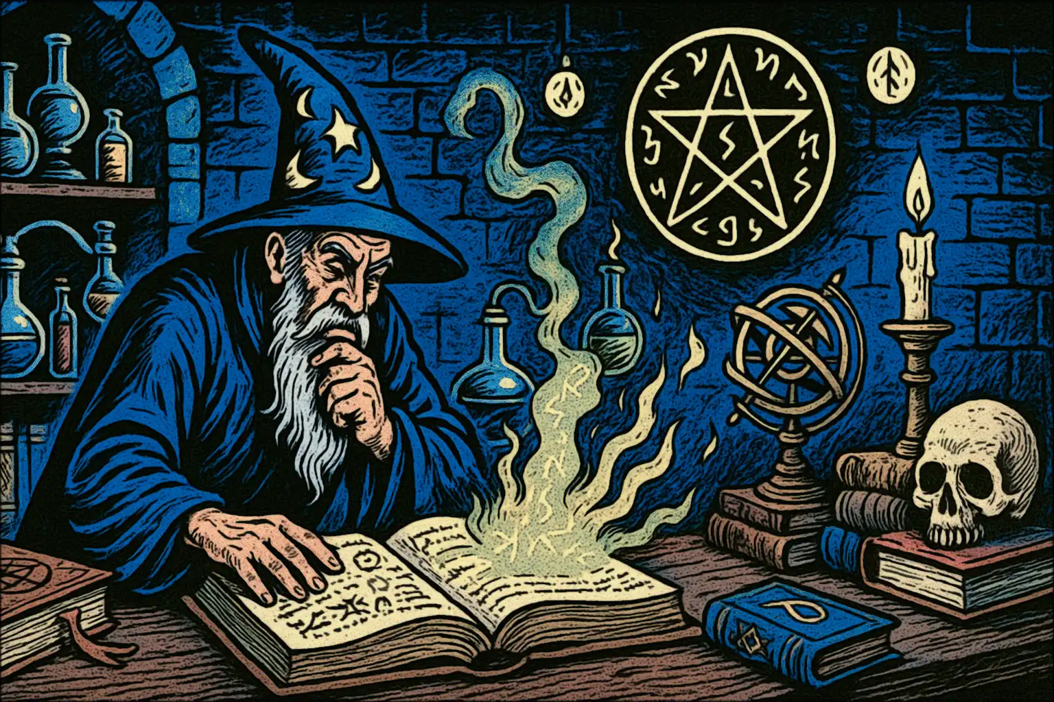 A wizard's laboratory filled with arcane apparatus, glowing runes, and ancient texts