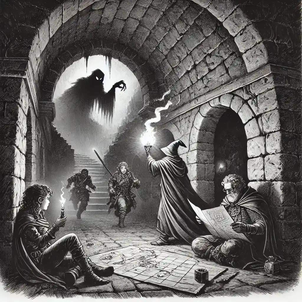 Group of adventurers encounters a monster in a dungeon