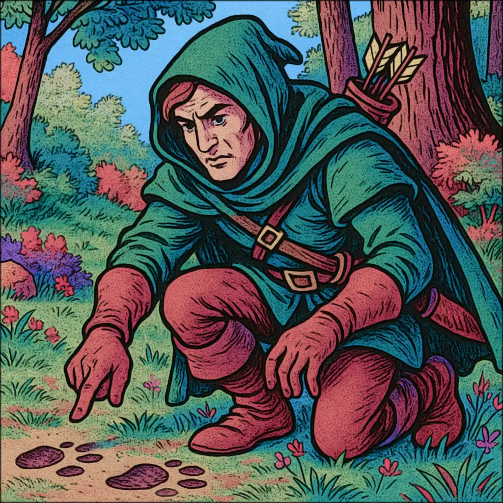 A ranger examining tracks in a forest clearing