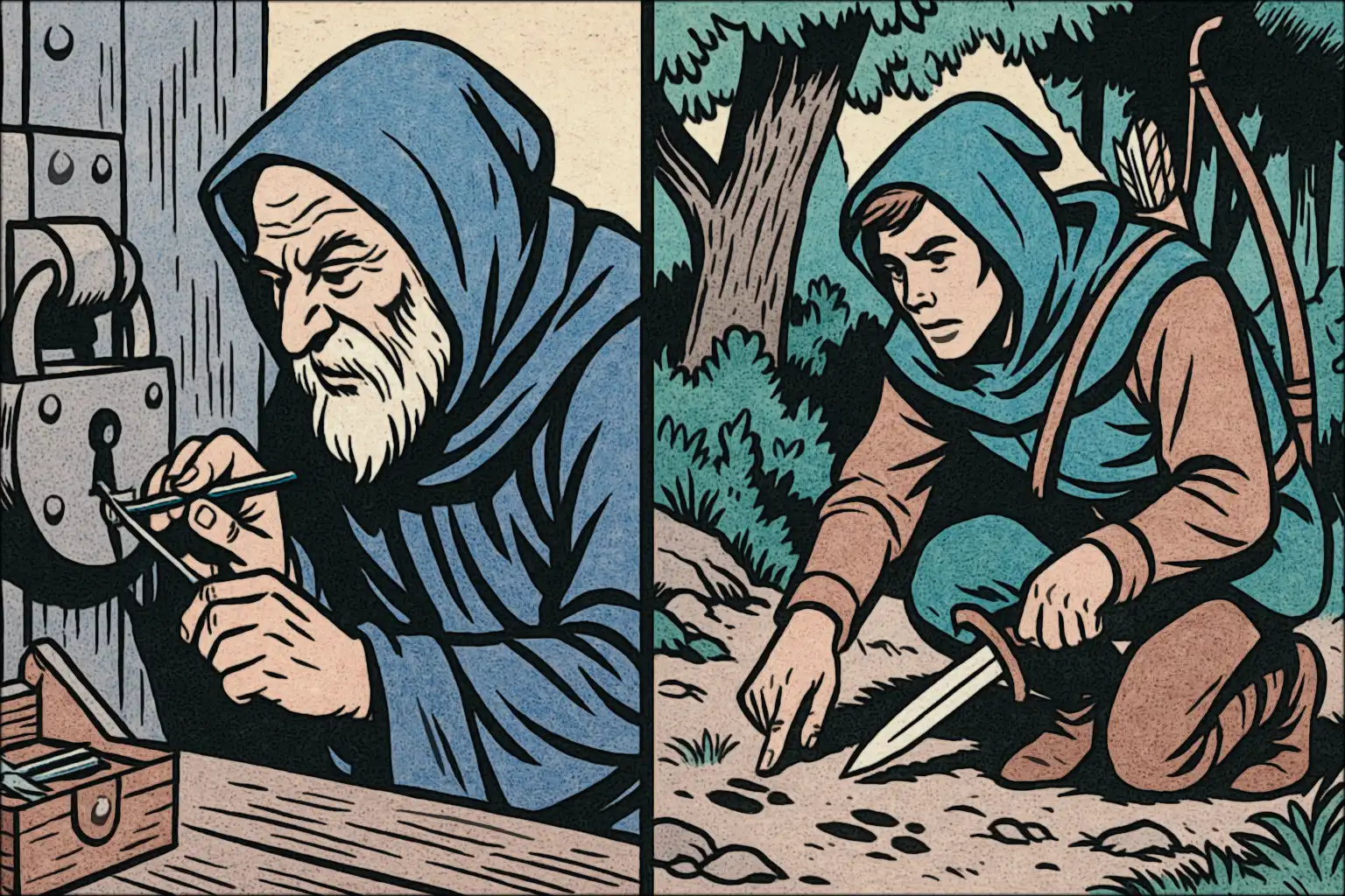 A sage instructing a student in ancient lore, surrounded by scrolls and artifacts