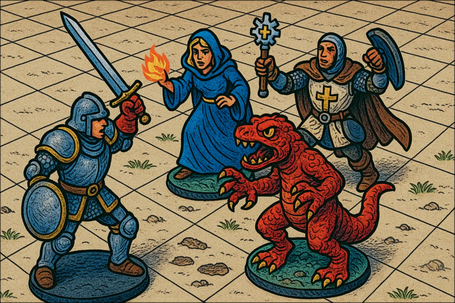 Miniatures on a gridded battle map depicting tactical combat