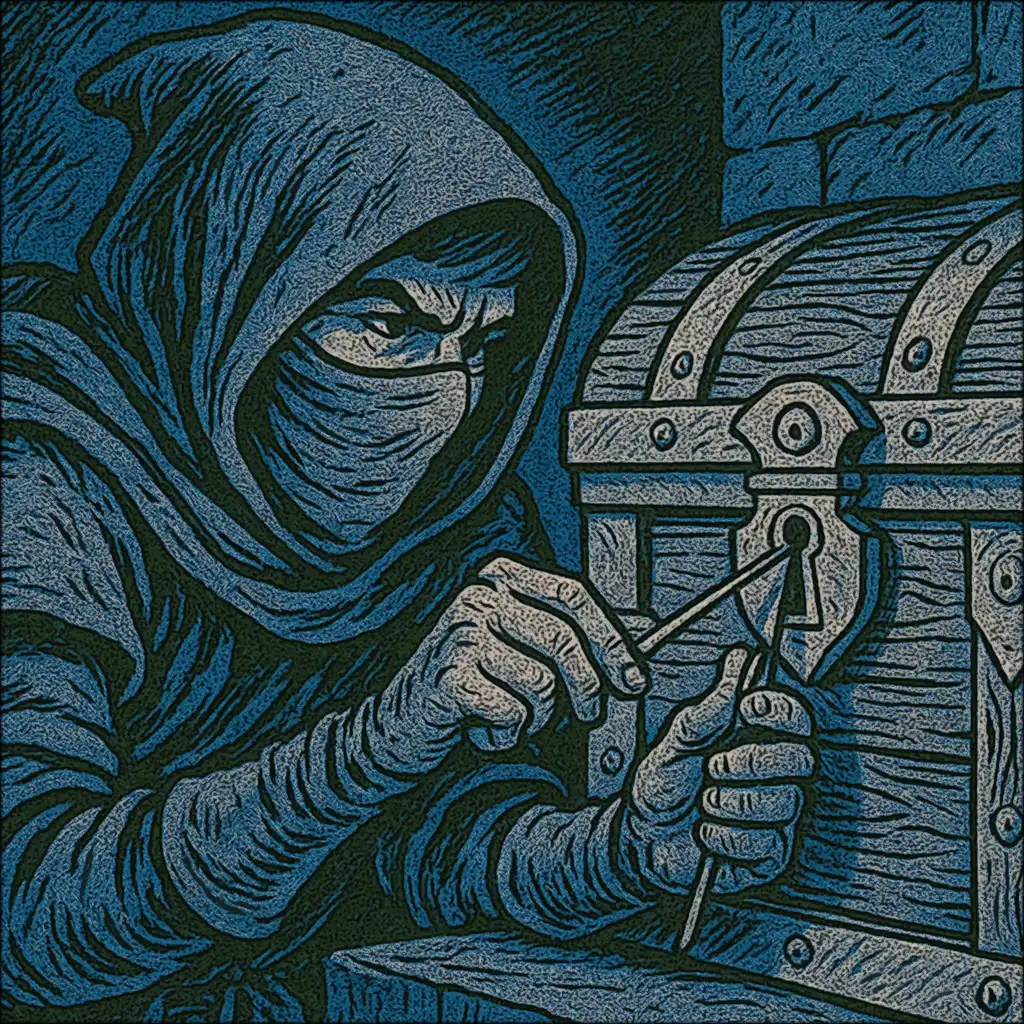 A hooded thief deftly picking the lock on a treasure chest
