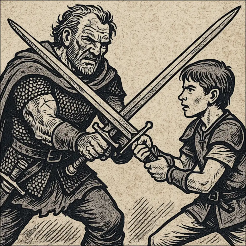 A battle-scarred veteran training a young warrior in combat techniques