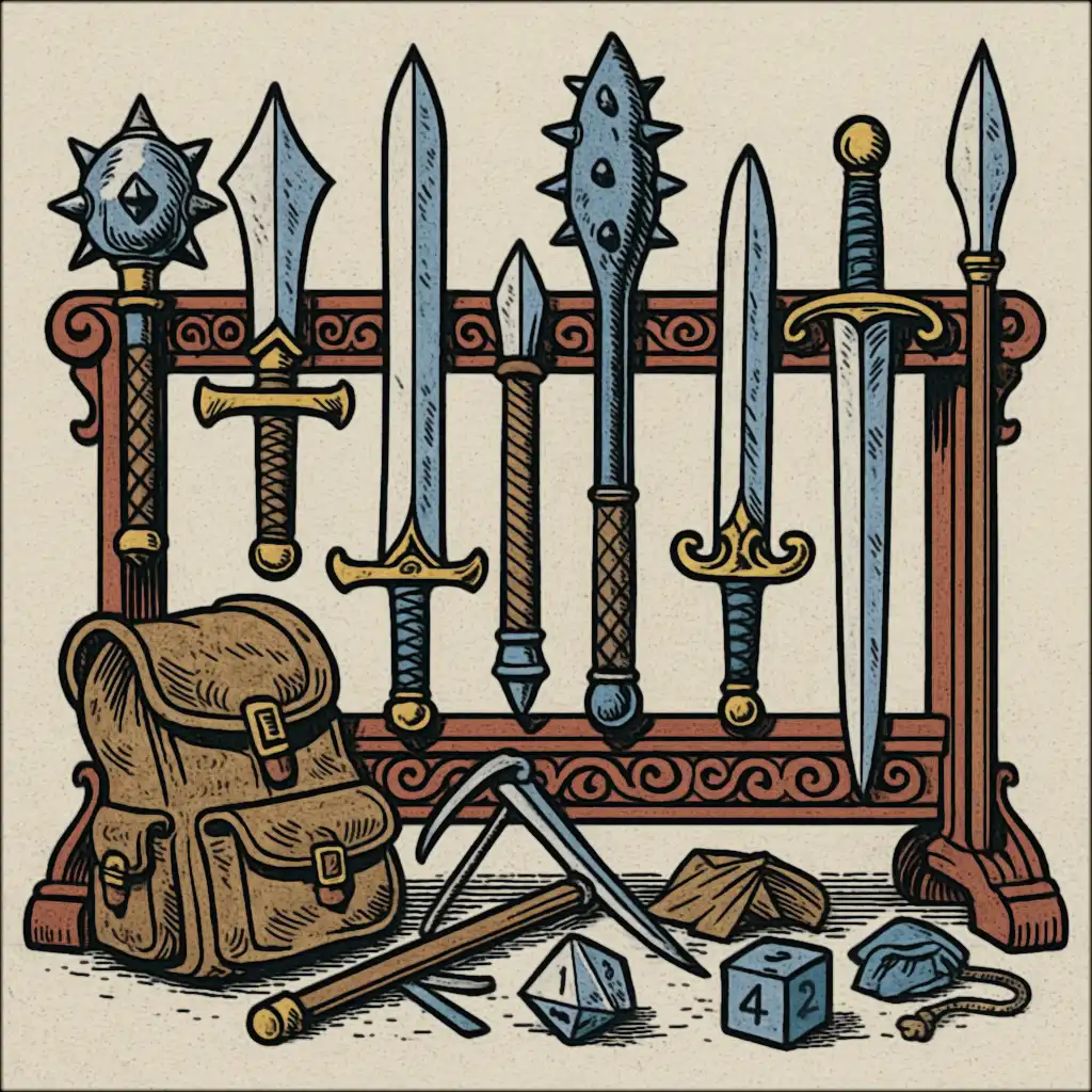 An ornate rack displaying various finely crafted weapons