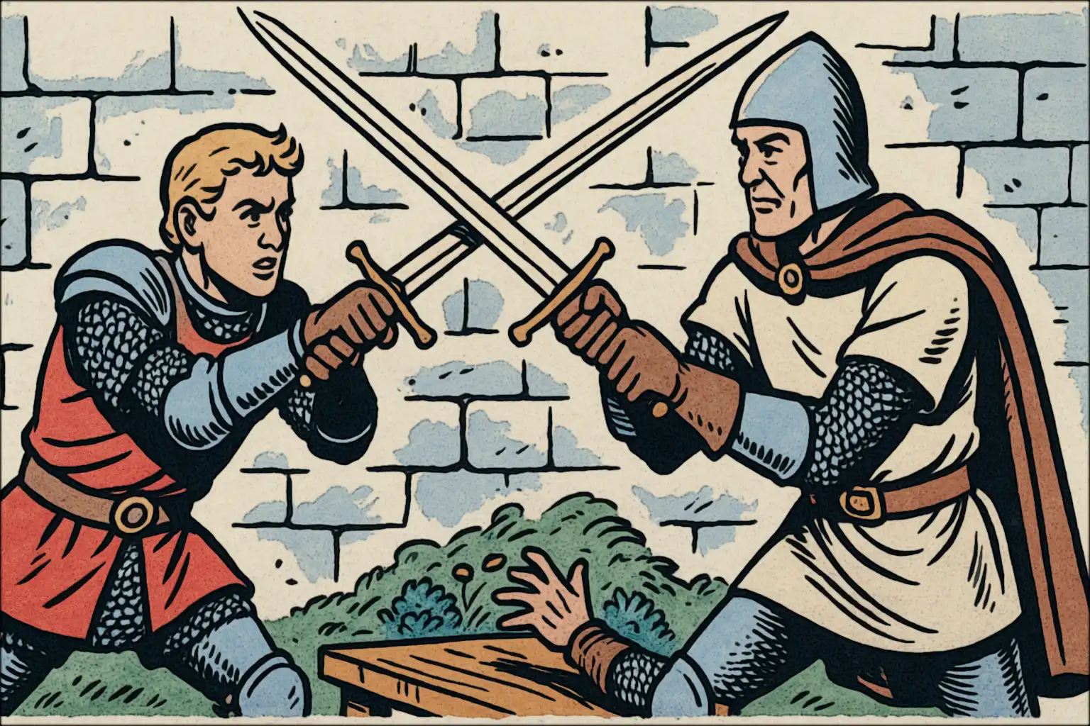 A warrior intensely training with various weapons