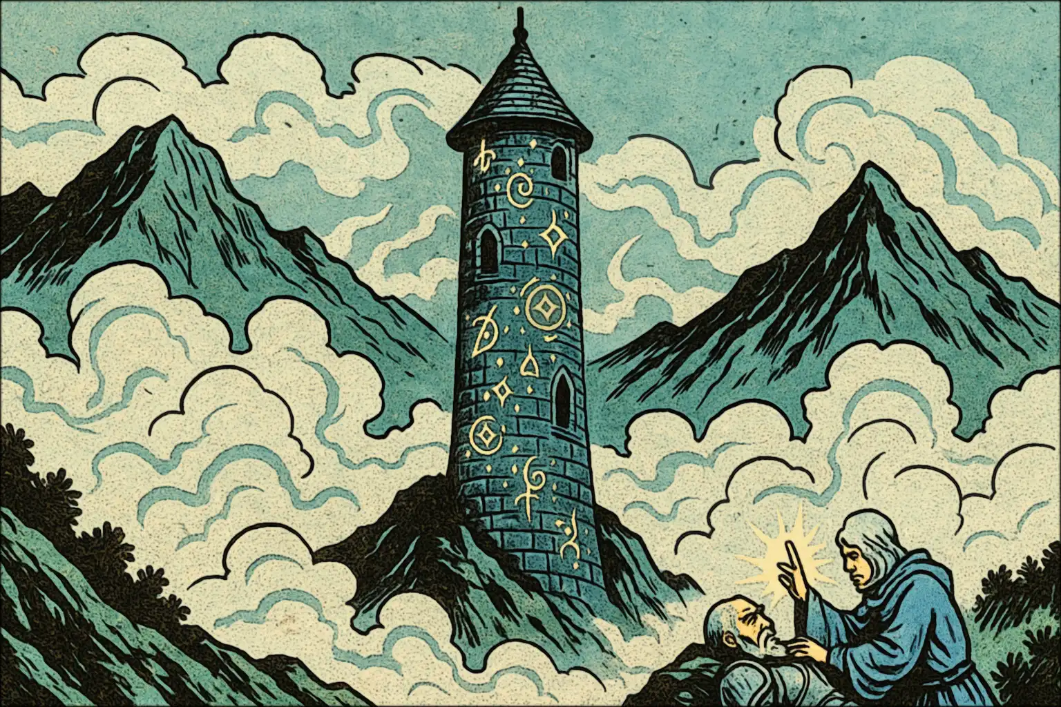 A wizard's tower rising from a misty mountainside, arcane sigils glowing along its walls