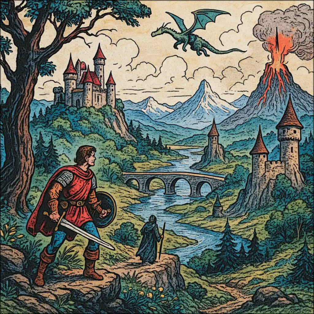 A sprawling, diverse fantasy landscape, hinting at multiple possibilities